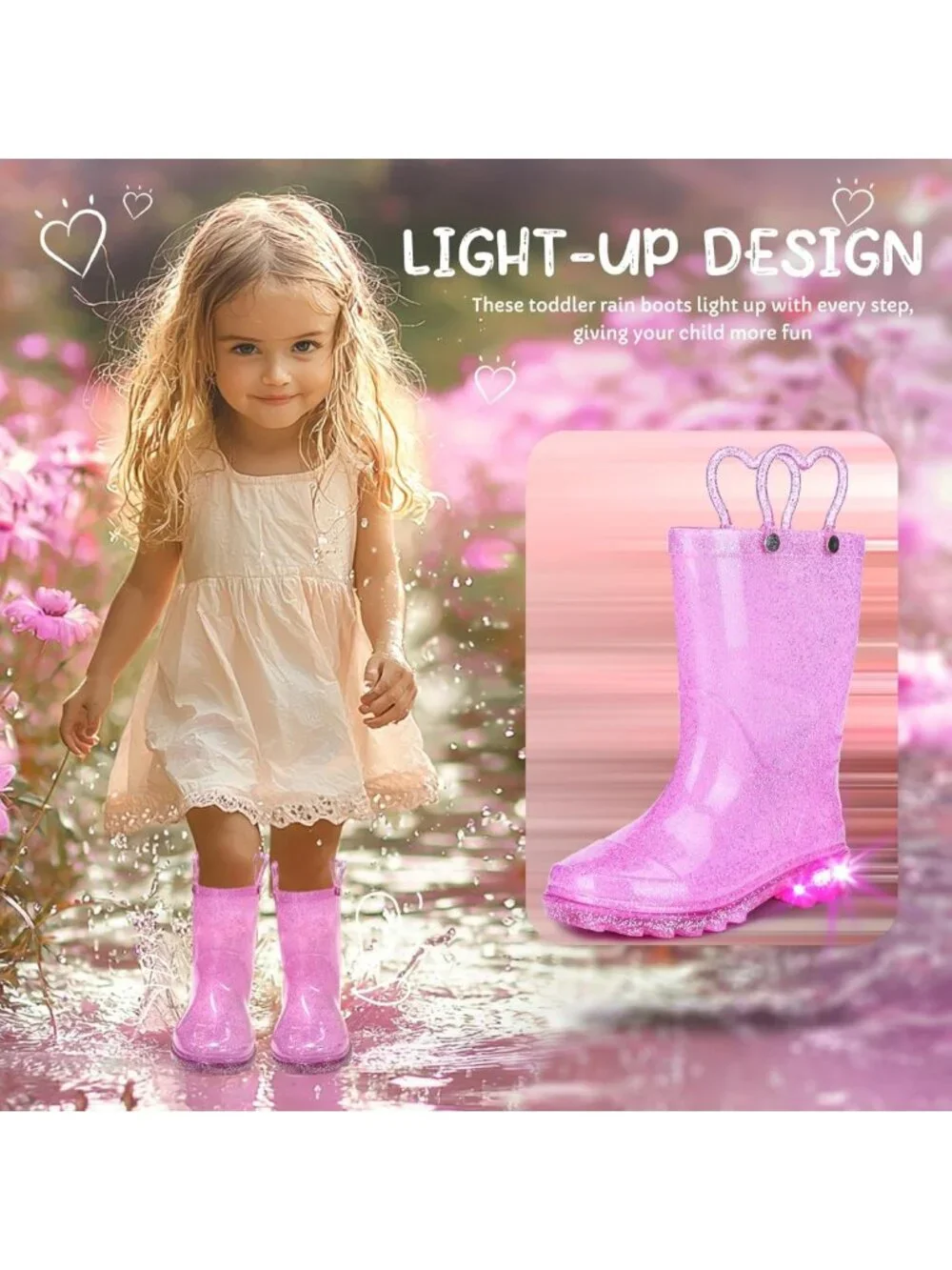 Glitter Light-Up Toddler Rain Boots - Waterproof, Easy-On Handles, Kids Shoes
